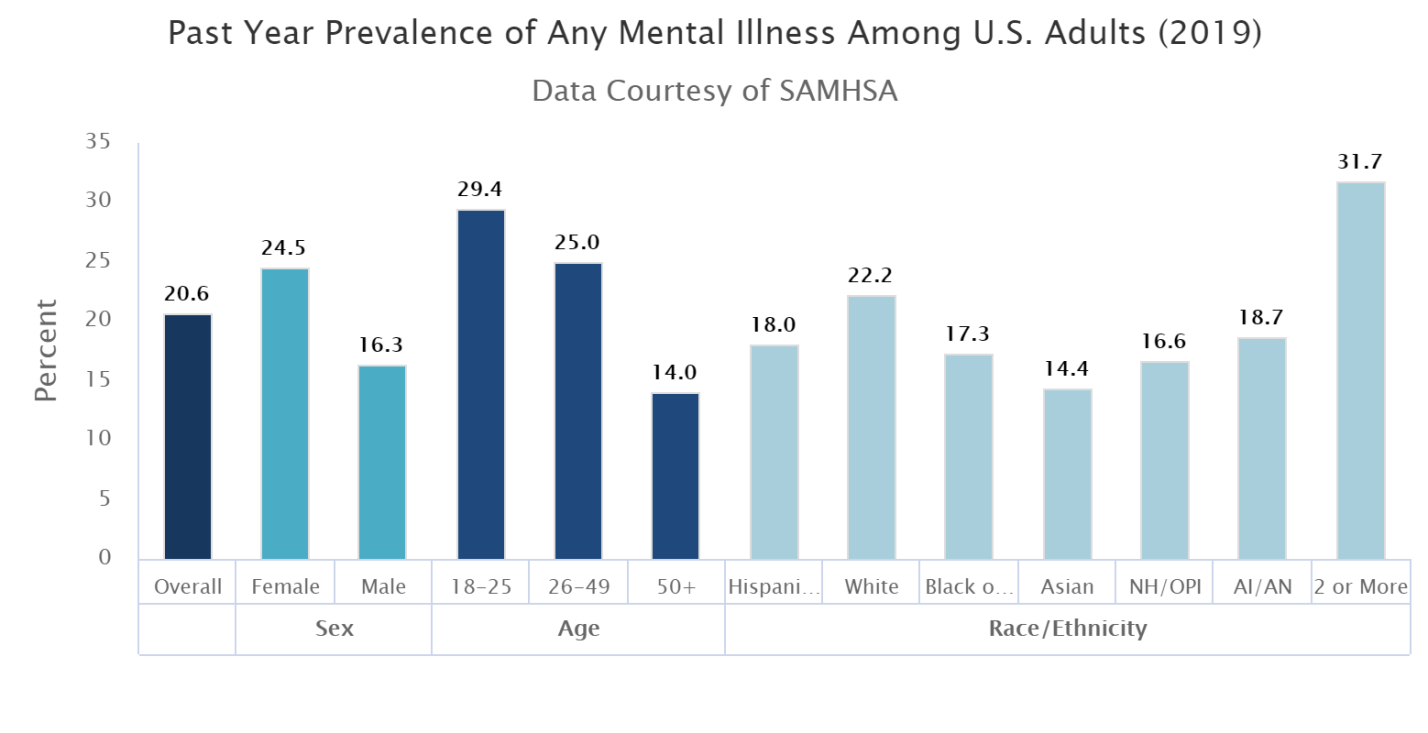 Past Year Prevalence on Any Mental Illness Among U.S. Adults 2019 