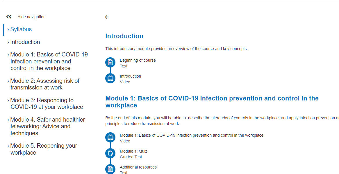 The Covid-19 workplace health and safety course syllabus outline revealing the major five modules of the training