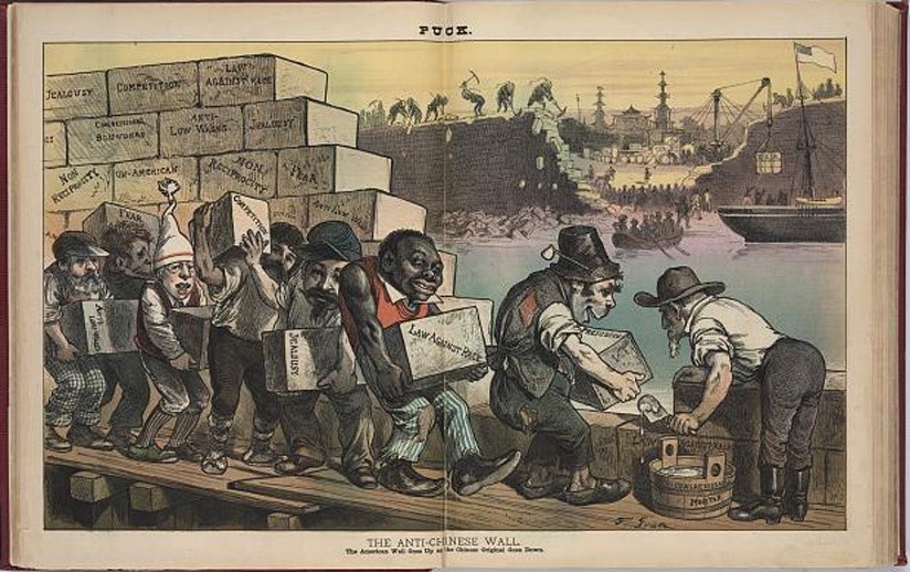 The Puck" in 1882: "The Anti-Chinese Wall The American Wall Goes Up as the Chinese Original Goes down