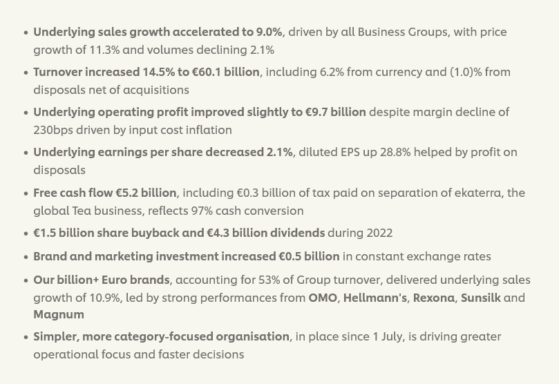 Data of Unilever’s full-year results for 2022