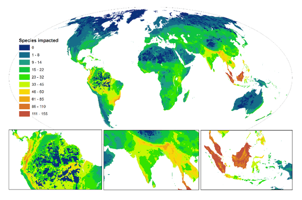 Hotspots of threats and threatened species richness