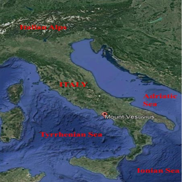  Topographic map of Italy and surrounding seas showing the location of Mount Vesuvius