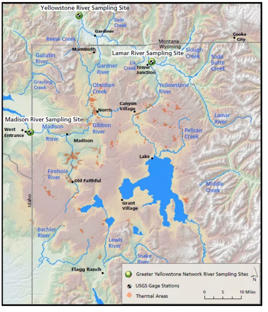 Yellowstone streams, lakes, and gauge stations 
