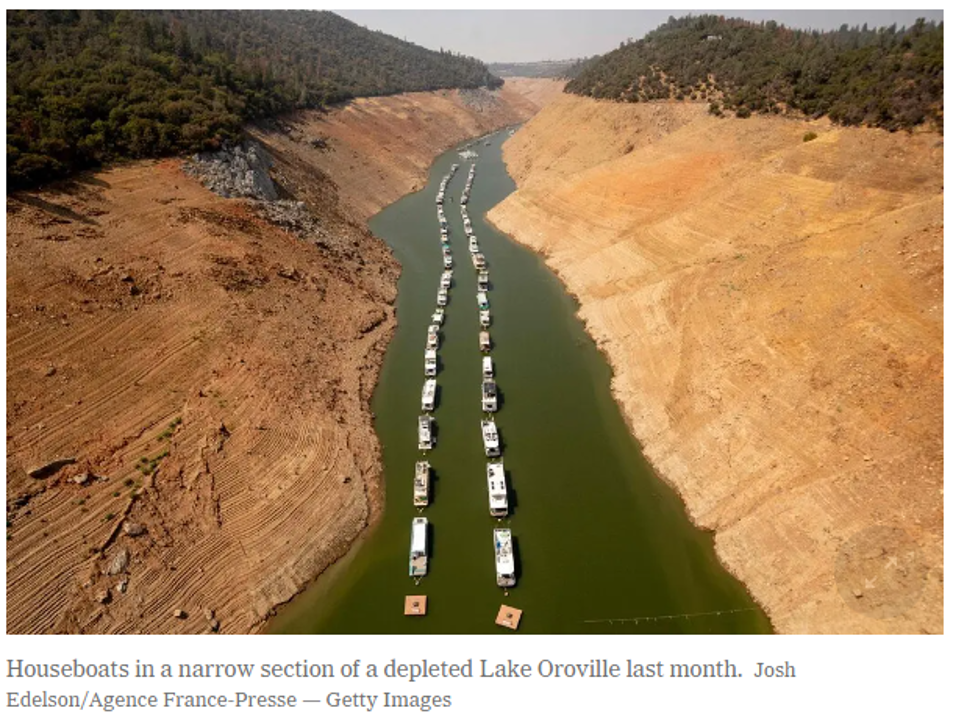 A depleted Lake Oroville, a reservoir in California (Karlamangla, 2021)