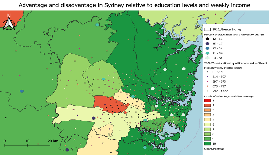 Advantages and Disadvantages in Sydney Relative to Education Levels and Weekly Income.