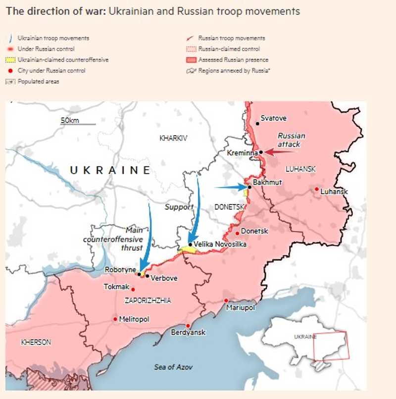 The direction of war: Ukrainian and Russian troop movements (Miller , 2023).