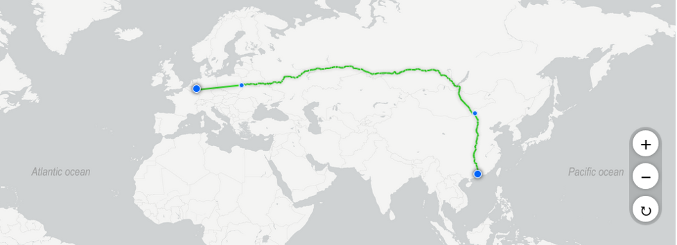 Railway line from Guangzhou, China to Germany