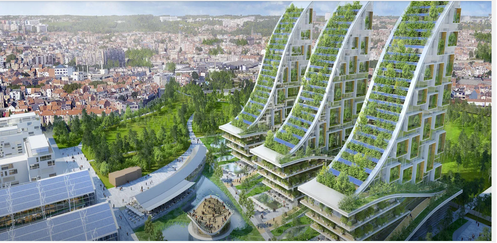 a rendering of a futuristic city with buildings that are covered in trees and plants