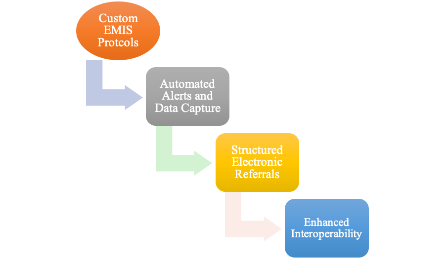 a diagram outlining the steps in a structured electronic referral process, which includes custom EMIS protocols, automated alerts, and data capture.