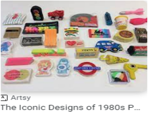  The picture shows a collection of colorful erasers from the 1980s