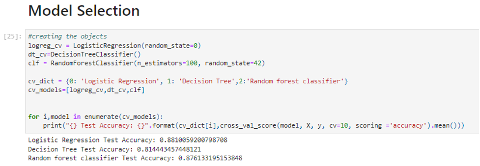 Python code comparing the test accuracy of Logistic Regression, Decision Tree, and Random Forest models