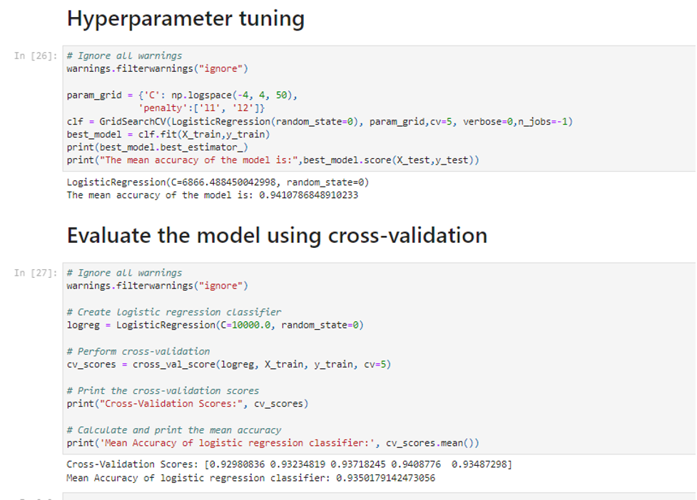 Python code performing hyperparameter tuning and cross-validation for a logistic regression model