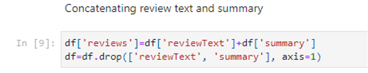 Python code that concatenates the 'reviewText' and 'summary' columns of a Pandas DataFrame