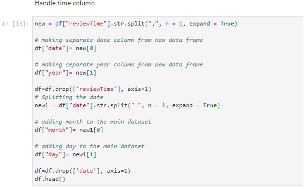 Python code that extracts date, month, day, and year from a "reviewTime" column in a Pandas DataFrame