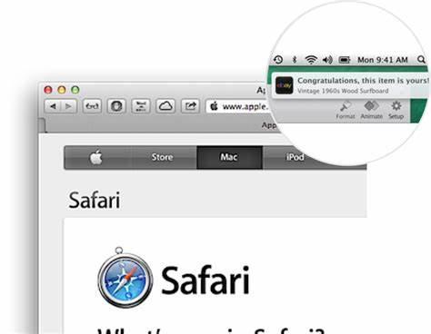 Screenshot of the Safari web browser on a Mac with a notification: "Congratulations, this item is yours! Vintage 1960s Wood Surfboard."