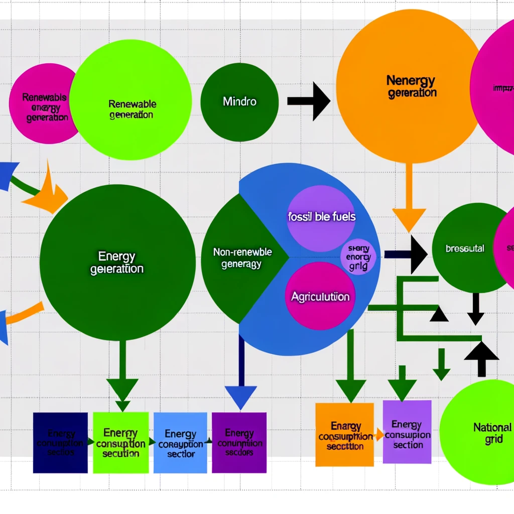 Flowchart visualizing Ireland's energy landscape: Circles depict energy sources; rectangles represent generation and the National Grid; arrows illustrate energy flow to consumption sectors and optional storage.