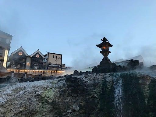 A Japanese hot spring town at dusk