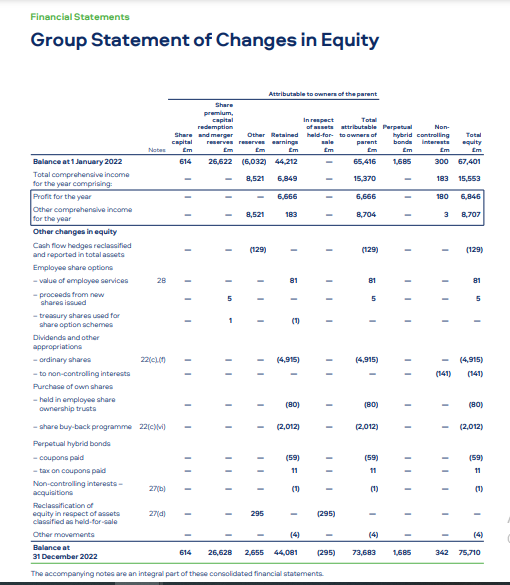 Group statement in changes of equity 