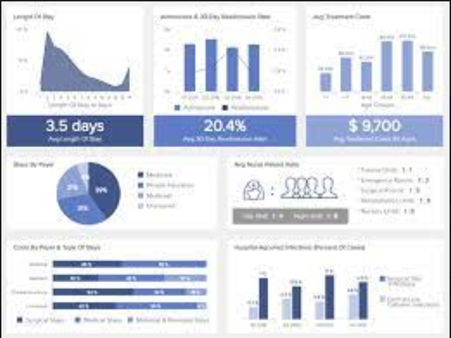 Healthcare analytics dashboard showing patient length of stay, readmission rates, average treatment cost, payer mix, hospital-acquired infections, and physician-related metrics in visual charts and graphs