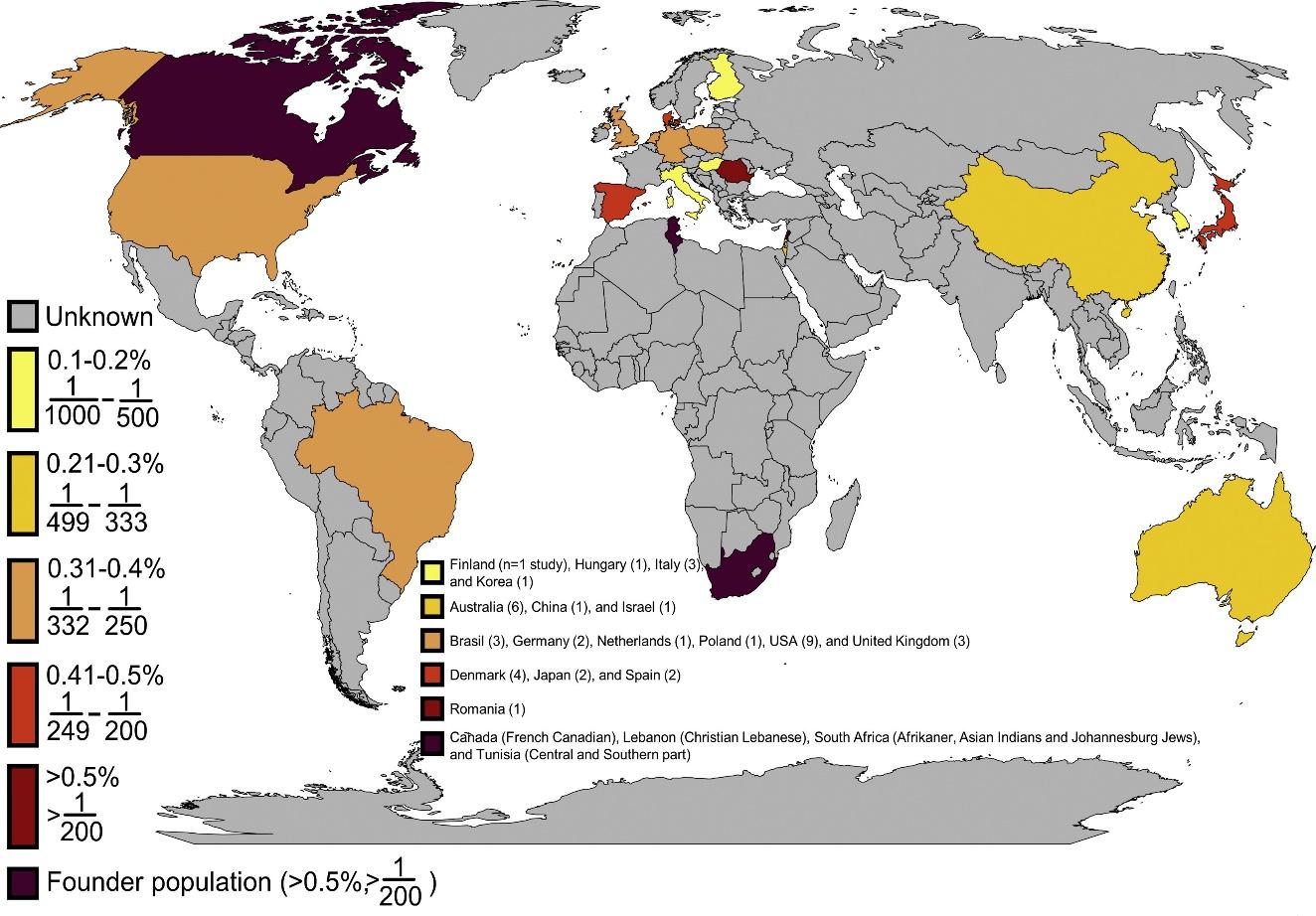 Global map showing the estimated prevalence of a genetic condition by country, color-coded by percentage range