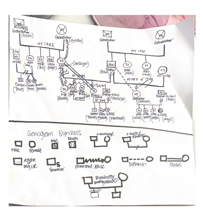 Hand-drawn family genogram diagram showing multiple generations