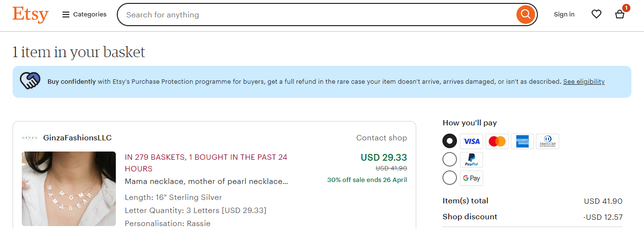 Different payment methods used on ETSY.com’s website